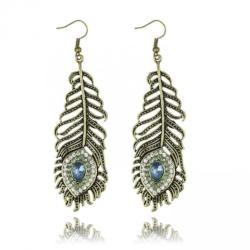 Metal Peacock Feather Crystal Drop Earrings