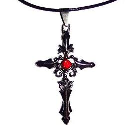 Gothic Cross Red Crystal Pendant on Leather Necklace